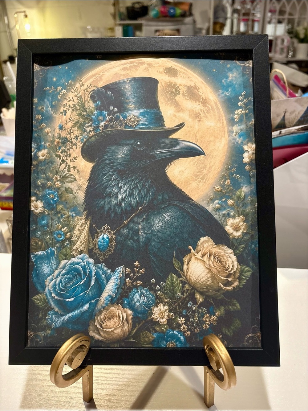Framed Gothic Raven Top Hat Moon Floral 8x10 Art Print Framed